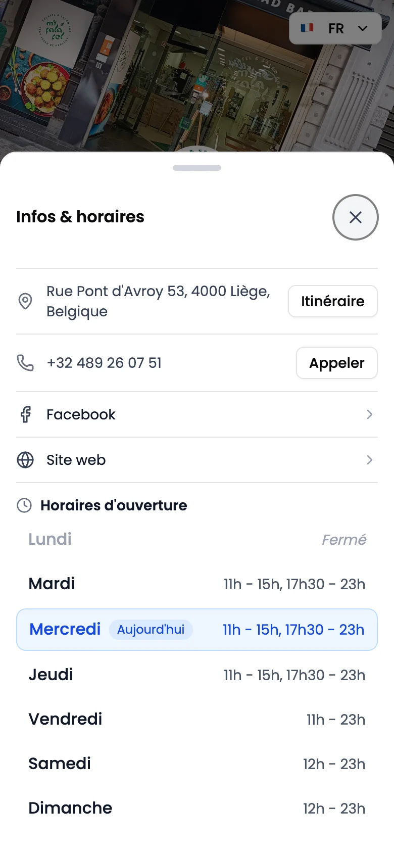 La fiche Infos & horaires de My Falafel : l’adresse rue Pont d’Avroy à Liège avec un bouton Itinéraire, le téléphone avec un bouton Appeler, Facebook, le site web et les horaires de la semaine, mercredi mis en avant.