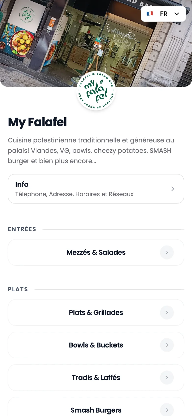 La page d’accueil de la carte de My Falafel : la devanture en photo, le logo, la description du restaurant, le bouton Info, puis les cartes Mezzés & Salades, Plats & Grillades, Bowls & Buckets, Tradis & Laffés et Smash Burgers.