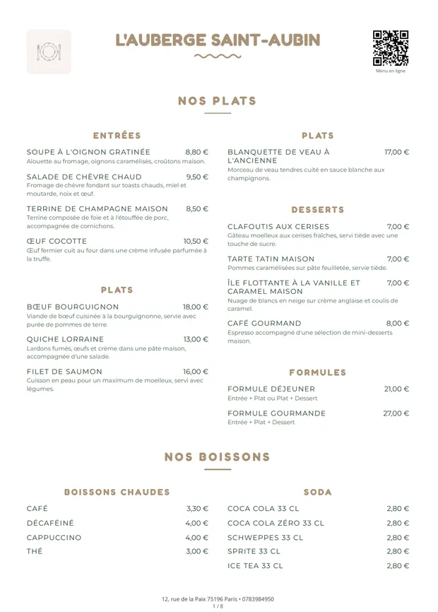 Carte de restaurant imprimée au format A4, la même pour la vitrine et pour la salle
