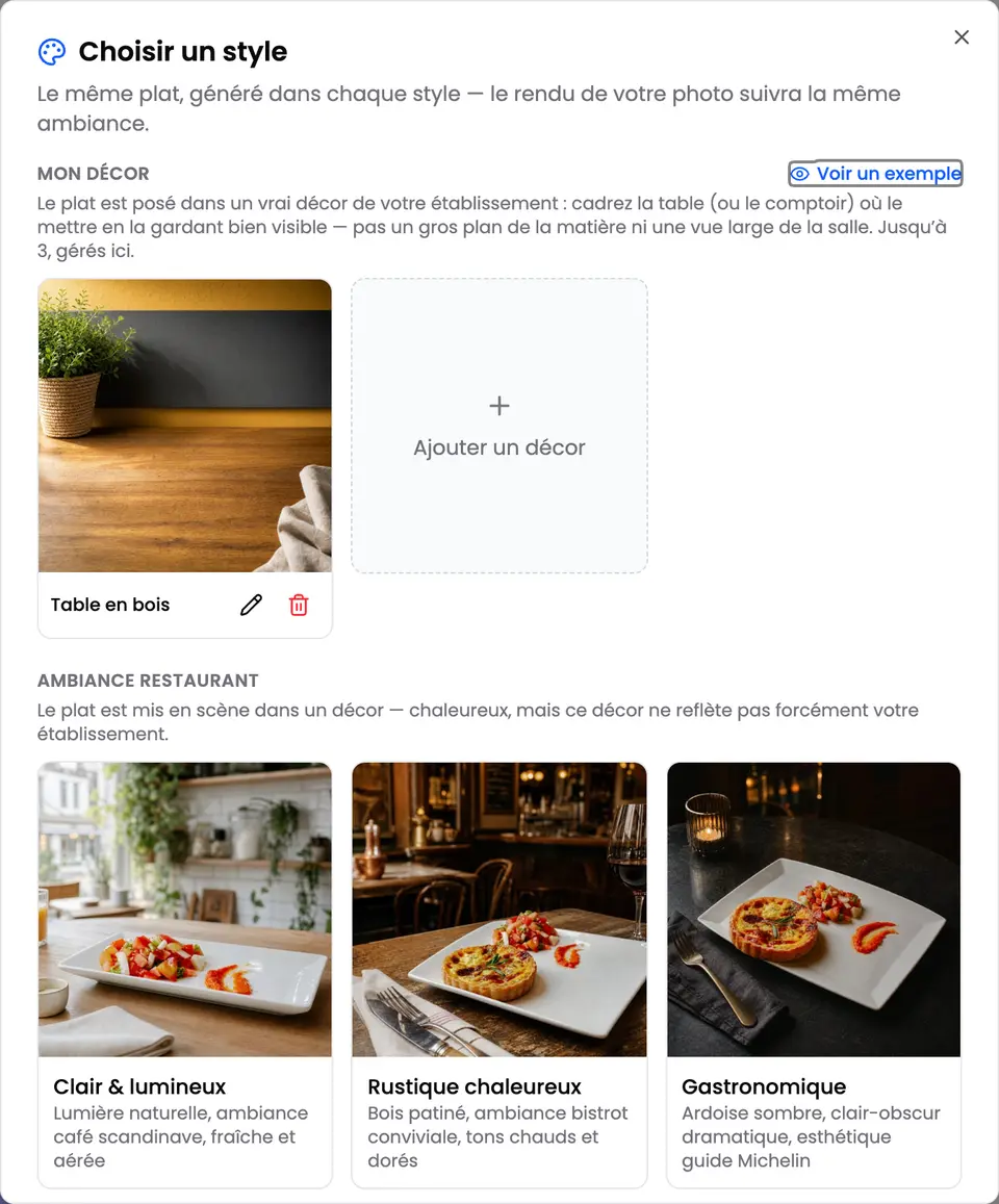 La fenêtre « Choisir un style » du Studio : le décor « Table en bois » du restaurant, puis les ambiances prêtes, avec le même plat rendu dans chacune