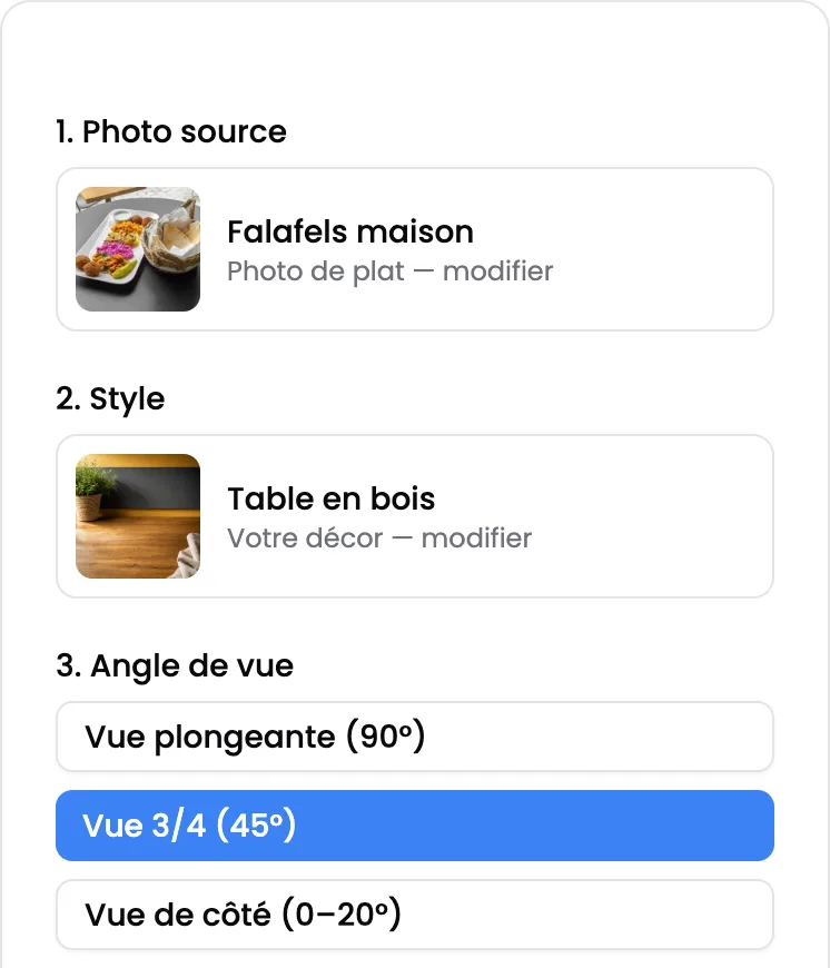 Le panneau du Studio rempli : la photo des falafels maison, le décor « Table en bois » et l’angle de vue