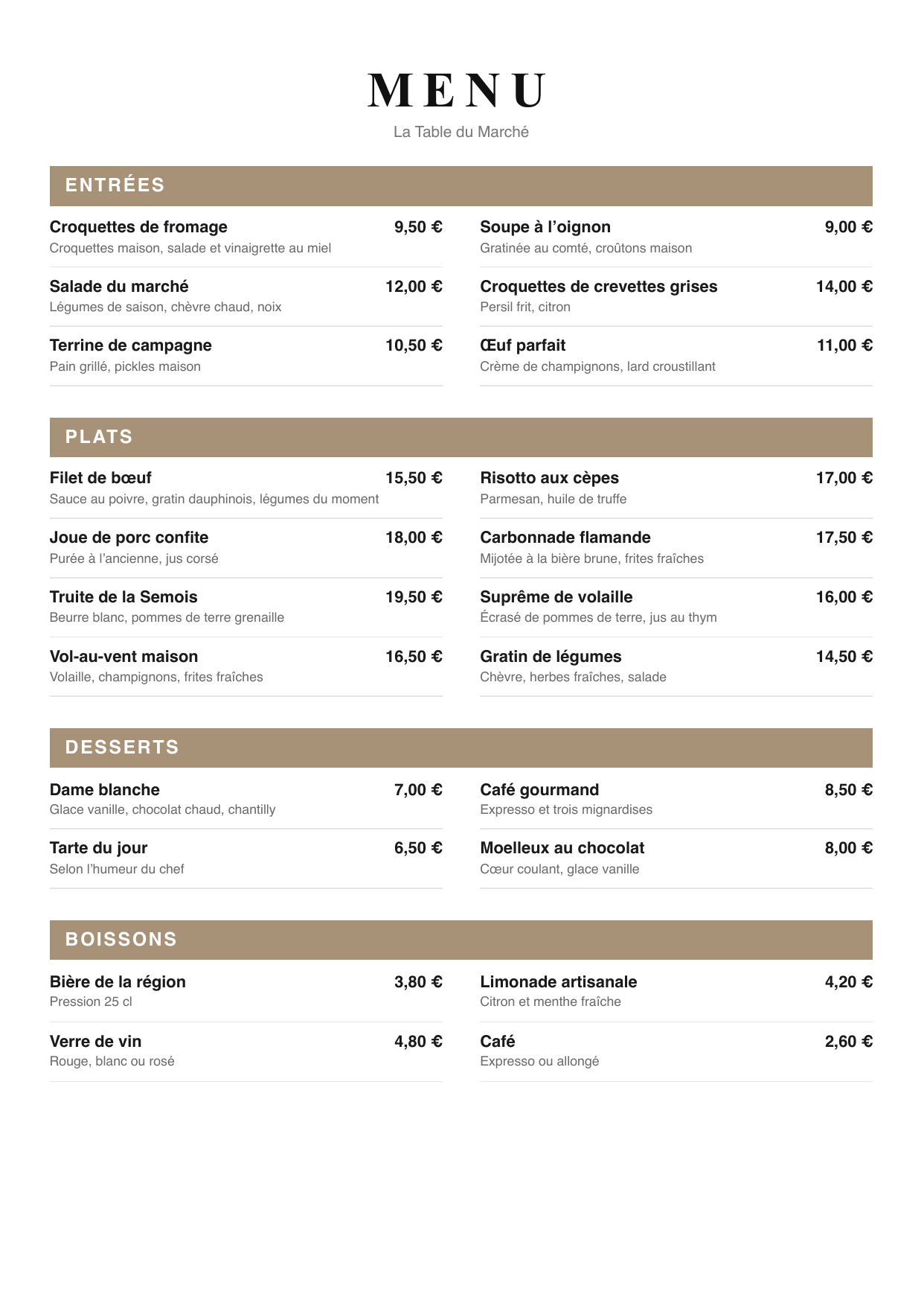 Carte A4 avec les plats et les prix placés automatiquement, prête à exporter en PDF