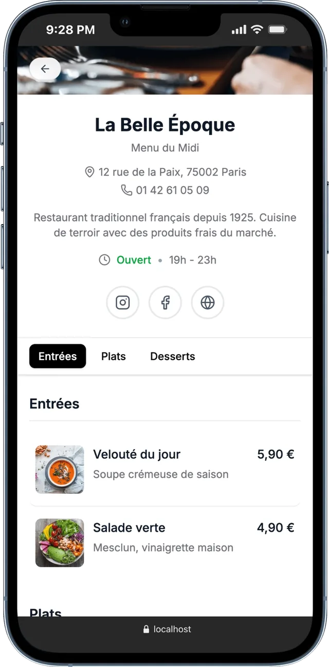 Aperçu du menu digital La Belle Époque