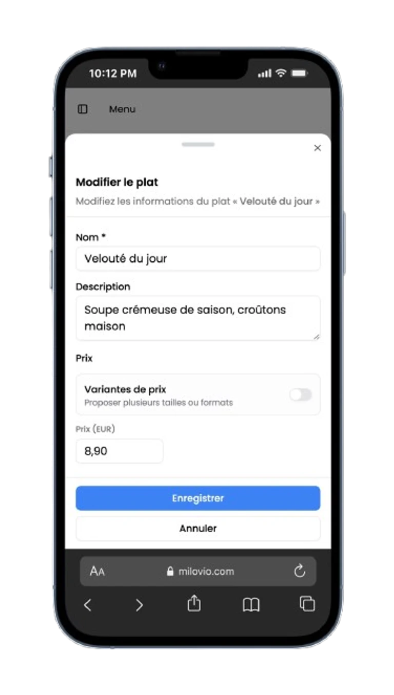 Édition d'un plat depuis le tableau de bord Milovio sur téléphone : nom, description et prix