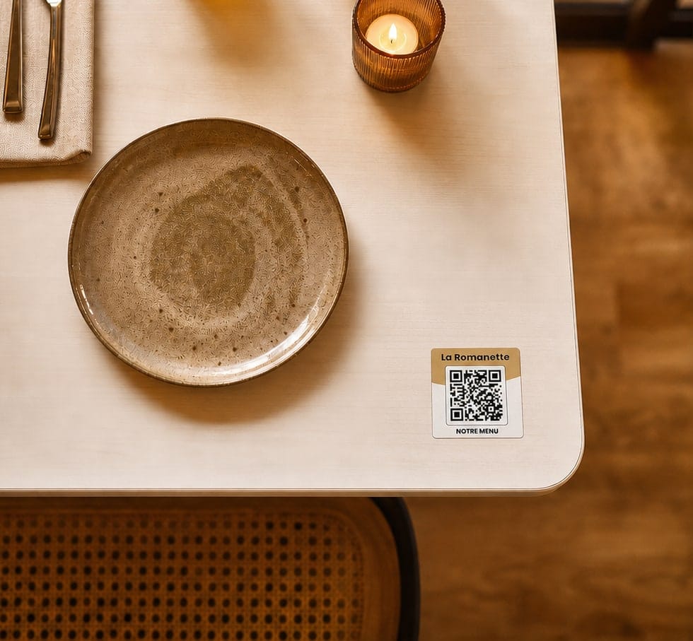 Autocollant QR Milovio d’un restaurant client posé sur une table dressée, avec assiette et bougie